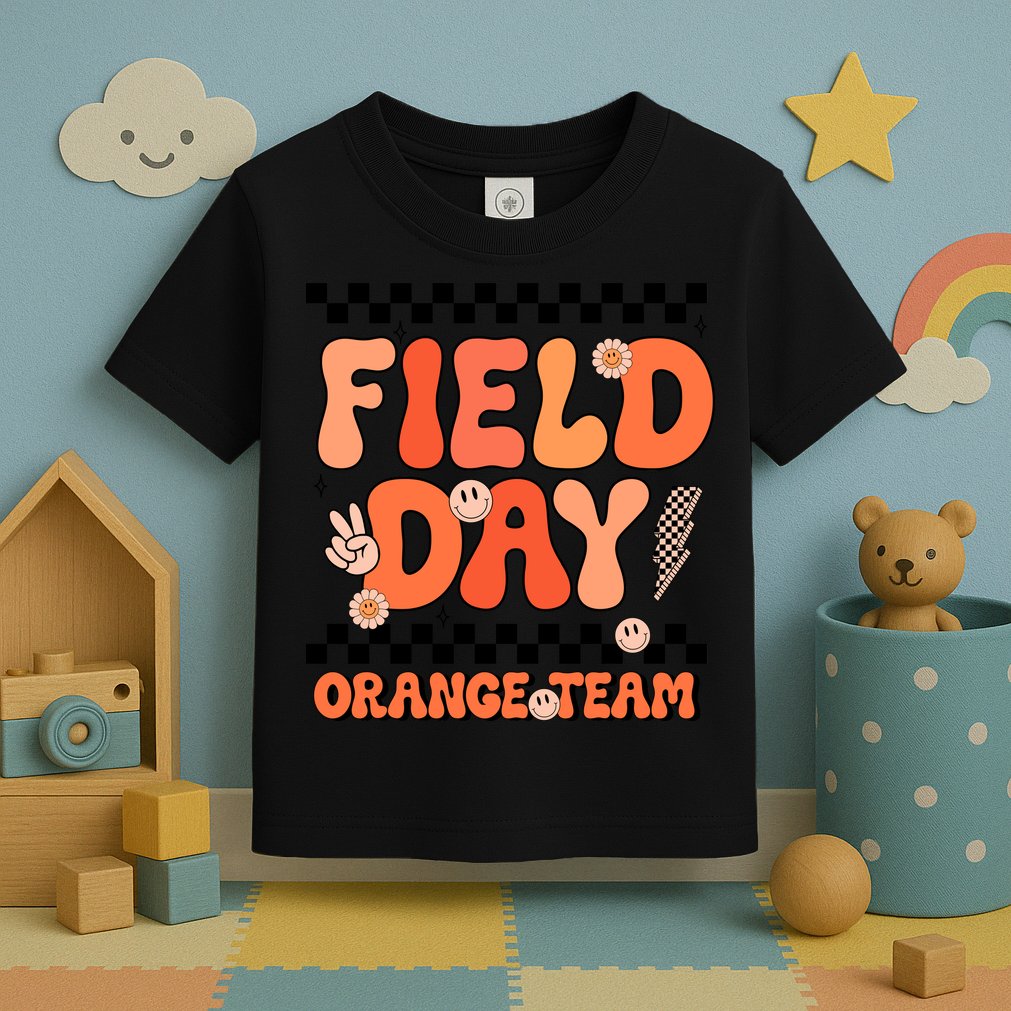 Field Day Orange Team Groovy Smile Face Checkered Students Toddler T-Shirt