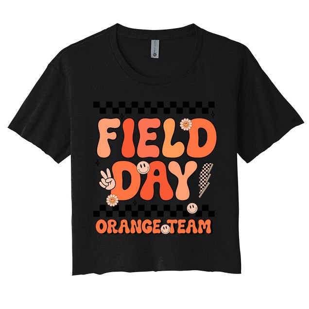 Field Day Orange Team Groovy Smile Face Checkered Students Crop Top