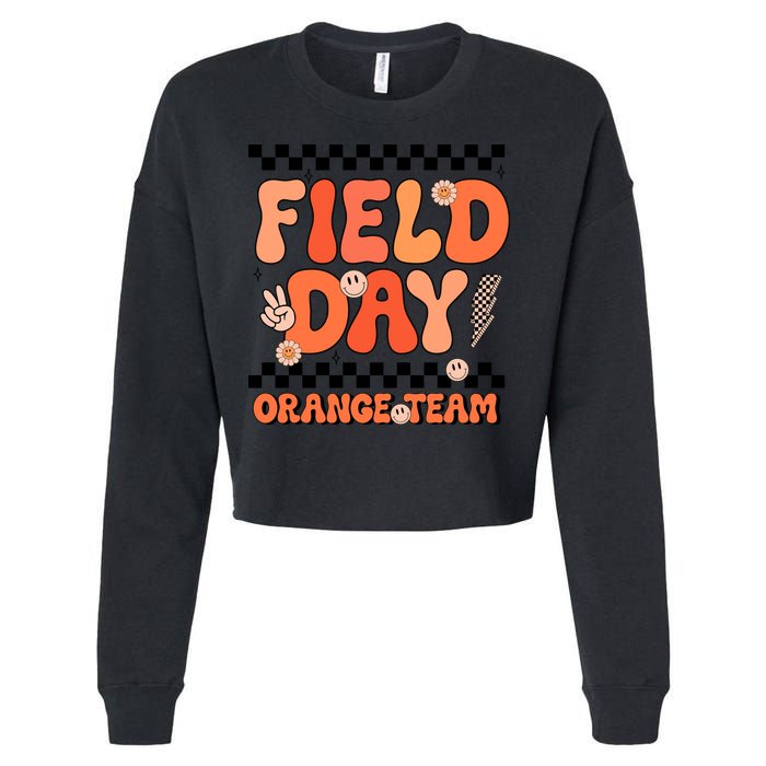 Field Day Orange Team Groovy Smile Face Checkered Students Cropped Pullover Crew