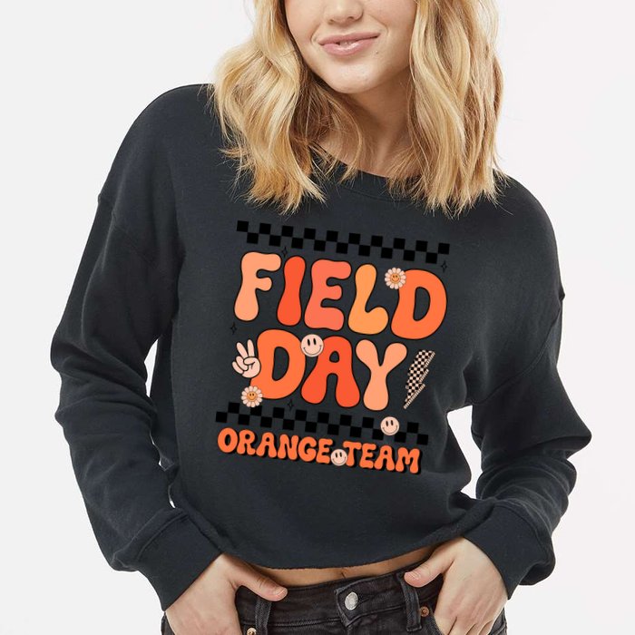 Field Day Orange Team Groovy Smile Face Checkered Students Cropped Pullover Crew