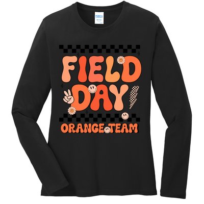 Field Day Orange Team Groovy Smile Face Checkered Students Ladies Long Sleeve Shirt