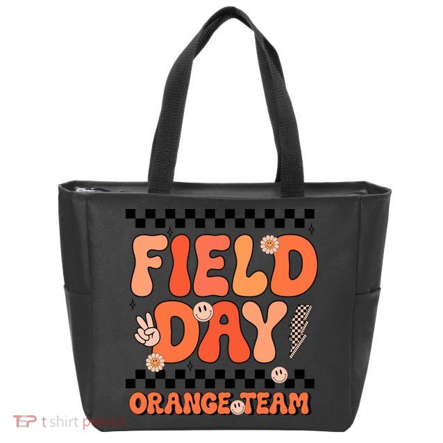 Field Day Orange Team Groovy Smile Face Checkered Students Zip Tote Bag