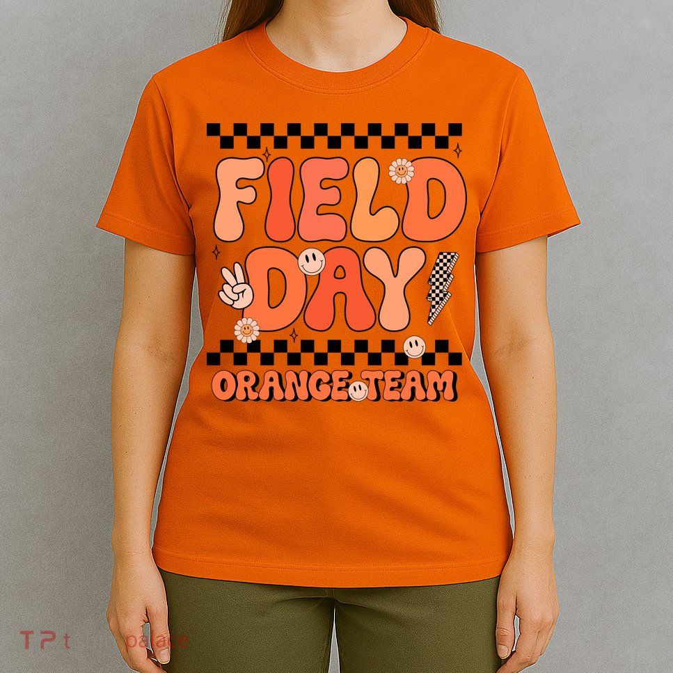 Field Day Orange Team Groovy Smile Face Checkered Students T-Shirt