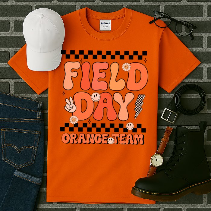 Field Day Orange Team Groovy Smile Face Checkered Students Tall T-Shirt