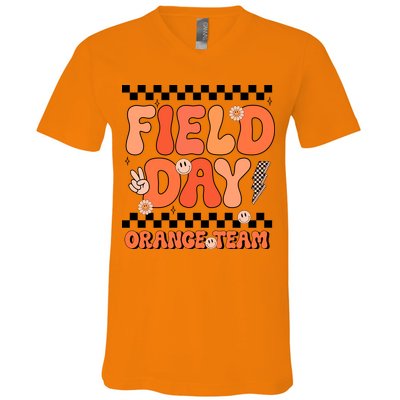 Field Day Orange Team Groovy Smile Face Checkered Students V-Neck T-Shirt