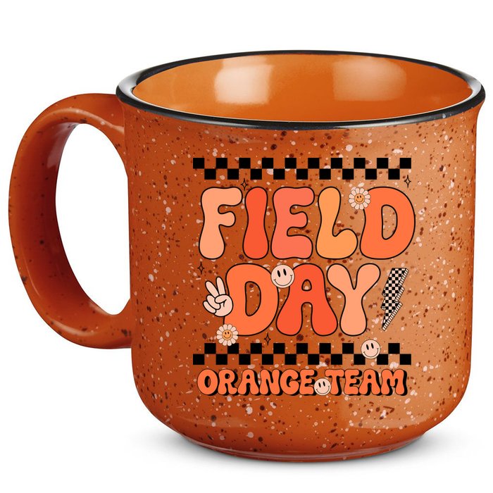 Field Day Orange Team Groovy Smile Face Checkered Students 15oz Campfire Ceramic Mug