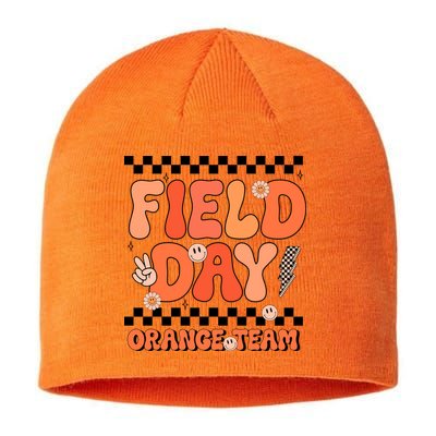 Field Day Orange Team Groovy Smile Face Checkered Students Sustainable Beanie