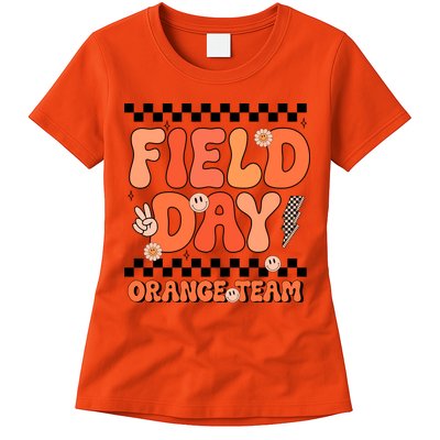 Field Day Orange Team Groovy Smile Face Checkered Students Womens T-Shirt