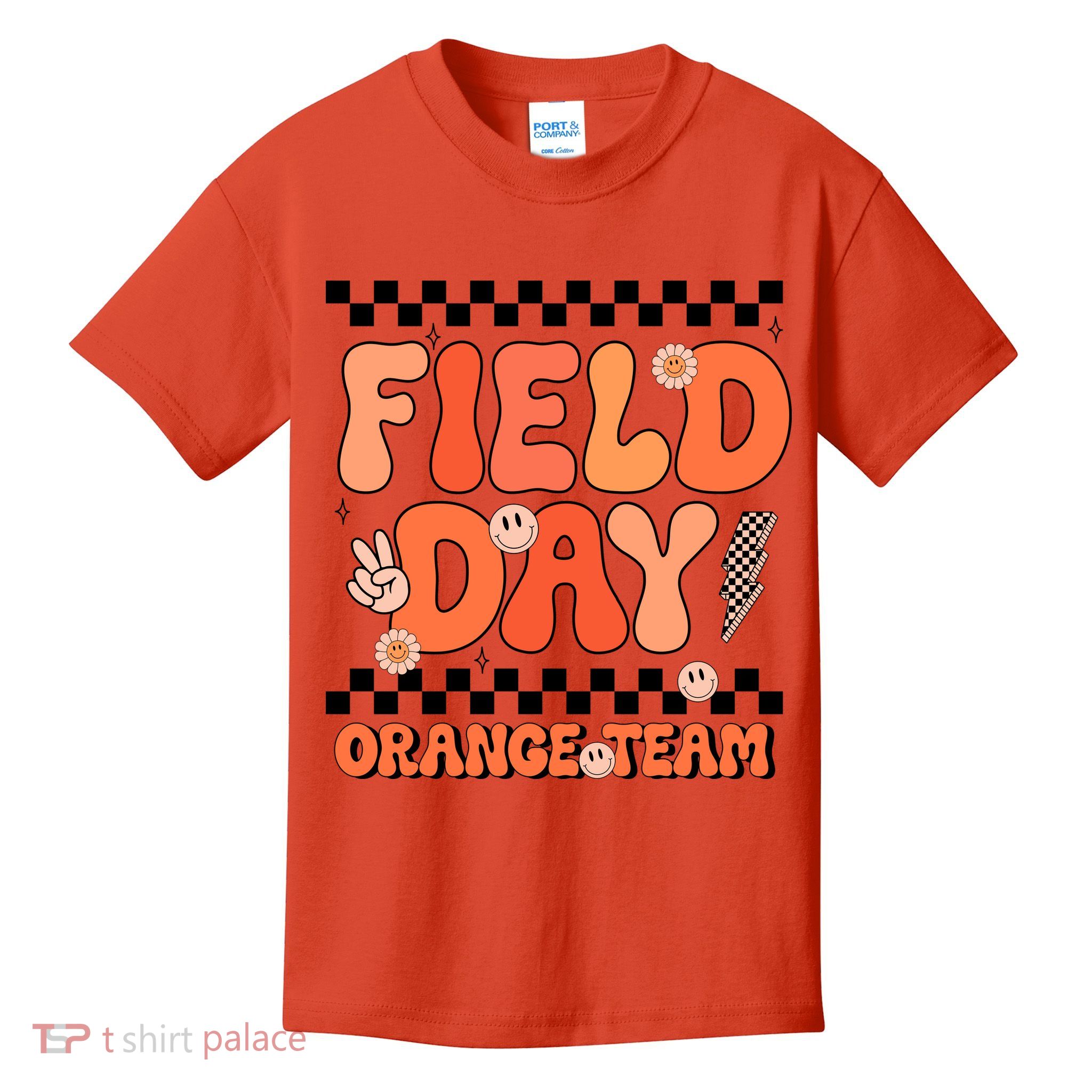 Field Day Orange Team Groovy Smile Face Checkered Students Kids T-Shirt