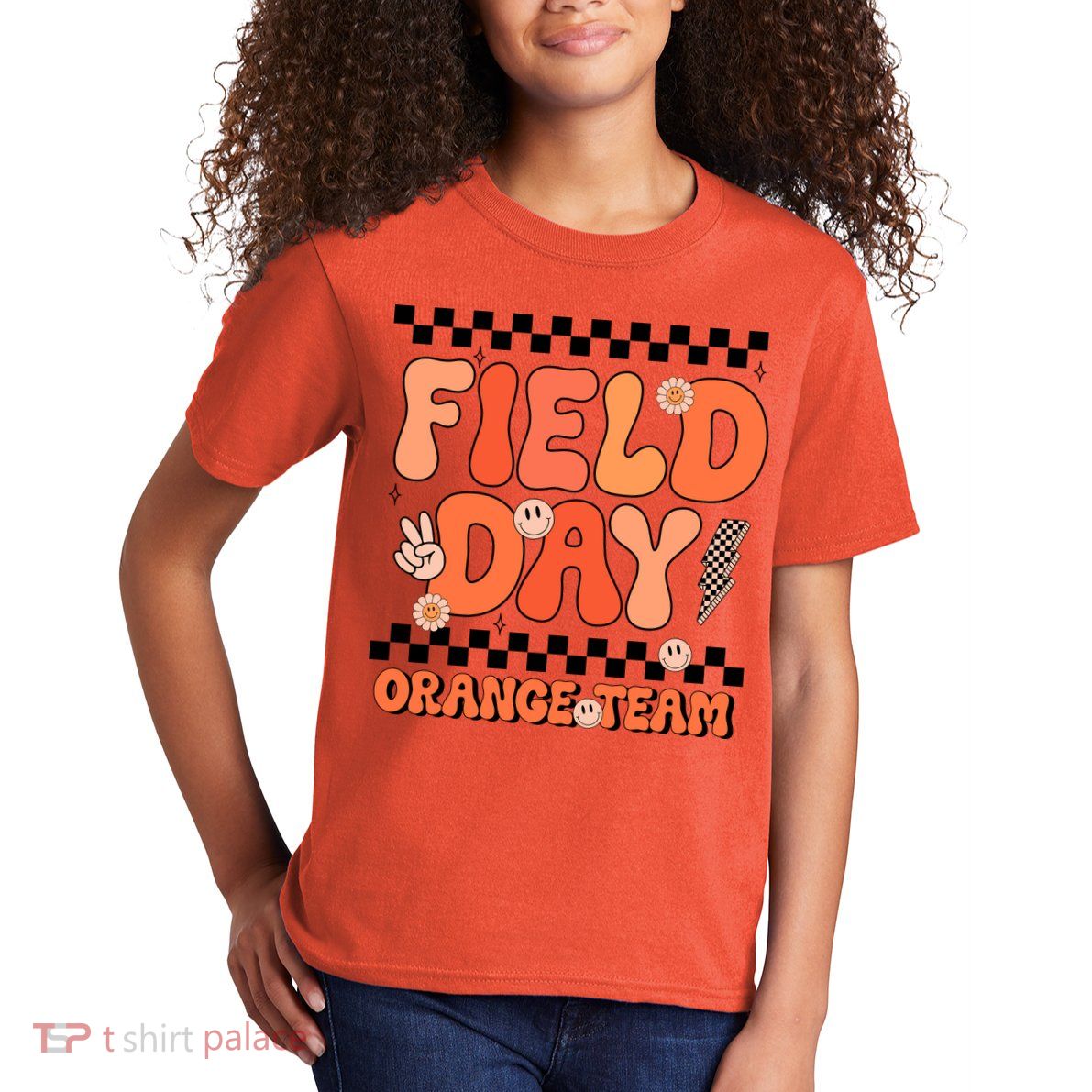 Field Day Orange Team Groovy Smile Face Checkered Students Kids T-Shirt