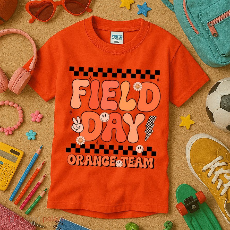 Field Day Orange Team Groovy Smile Face Checkered Students Kids T-Shirt