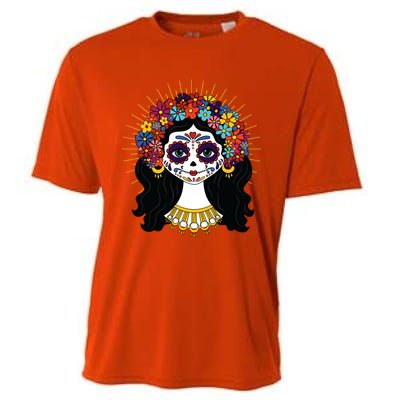 Funny Day Of The Dead Costume La Catrina Skull Flowers Cooling Performance Crew T-Shirt