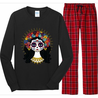 Funny Day Of The Dead Costume La Catrina Skull Flowers Long Sleeve Pajama Set