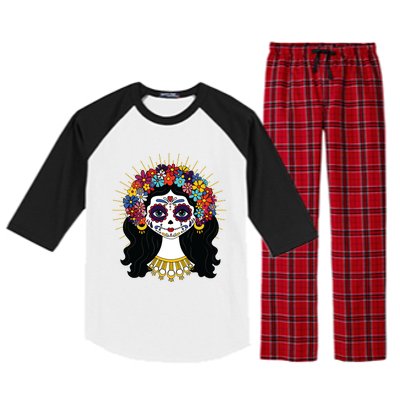 Funny Day Of The Dead Costume La Catrina Skull Flowers Raglan Sleeve Pajama Set