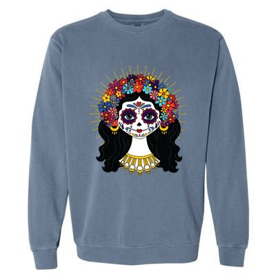 Funny Day Of The Dead Costume La Catrina Skull Flowers Garment-Dyed Sweatshirt