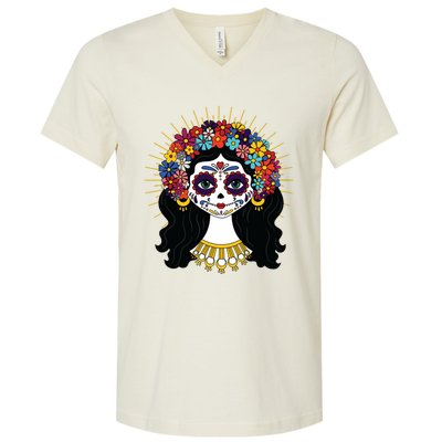 Funny Day Of The Dead Costume La Catrina Skull Flowers V-Neck T-Shirt