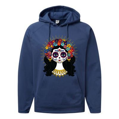 Funny Day Of The Dead Costume La Catrina Skull Flowers Performance Fleece Hoodie