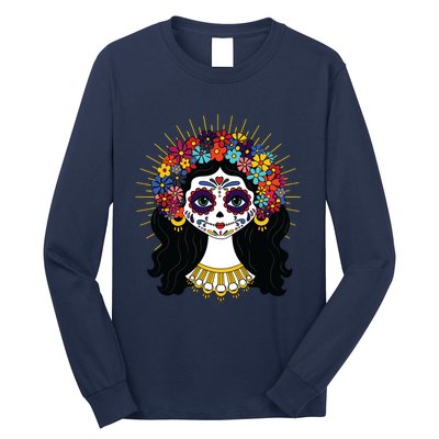 Funny Day Of The Dead Costume La Catrina Skull Flowers Long Sleeve Shirt