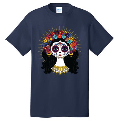 Funny Day Of The Dead Costume La Catrina Skull Flowers Tall T-Shirt