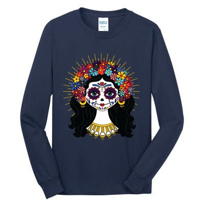 Funny Day Of The Dead Costume La Catrina Skull Flowers Tall Long Sleeve T-Shirt