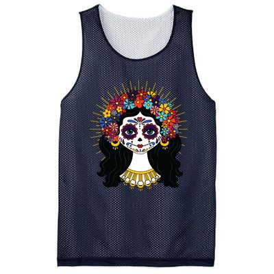 Funny Day Of The Dead Costume La Catrina Skull Flowers Mesh Reversible Basketball Jersey Tank