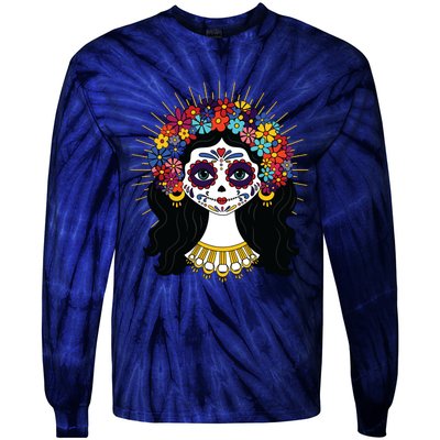 Funny Day Of The Dead Costume La Catrina Skull Flowers Tie-Dye Long Sleeve Shirt