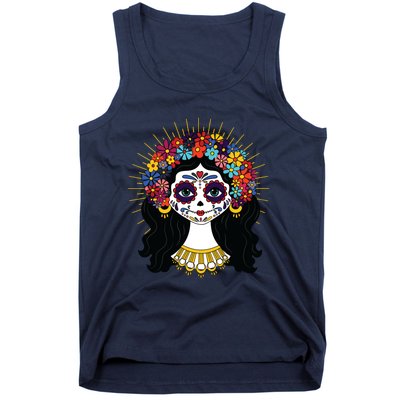 Funny Day Of The Dead Costume La Catrina Skull Flowers Tank Top