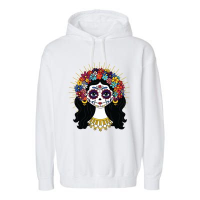 Funny Day Of The Dead Costume La Catrina Skull Flowers Garment-Dyed Fleece Hoodie