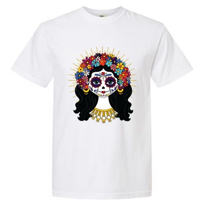 Funny Day Of The Dead Costume La Catrina Skull Flowers Garment-Dyed Heavyweight T-Shirt