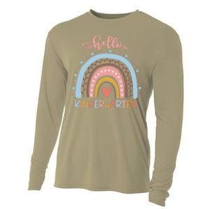 First Day Of School Hello Kindergarten Teacher Rainbow Cooling Performance Long Sleeve Crew