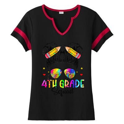 First Day Of 4th Grade Squad Messy Bun Back To School Ladies Halftime Notch Neck Tee