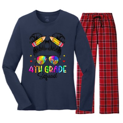 First Day Of 4th Grade Squad Messy Bun Back To School Women's Long Sleeve Flannel Pajama Set 