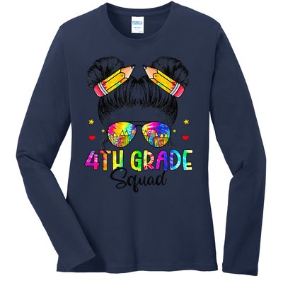 First Day Of 4th Grade Squad Messy Bun Back To School Ladies Long Sleeve Shirt