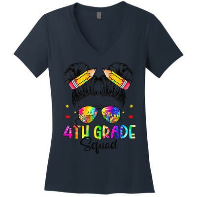 First Day Of 4th Grade Squad Messy Bun Back To School Women's V-Neck T-Shirt