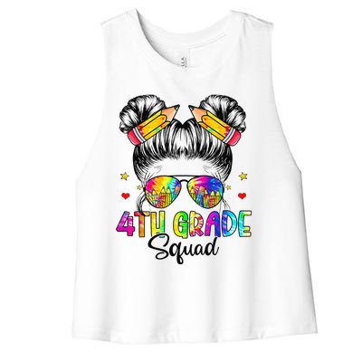 First Day Of 4th Grade Squad Messy Bun Back To School Women's Racerback Cropped Tank