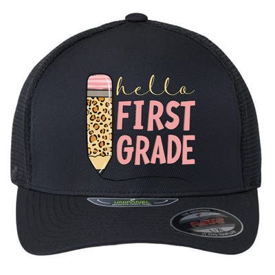 First Day Of School Back To School Hello First Grade Flexfit Unipanel Trucker Cap