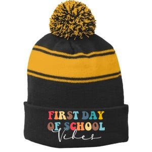 First Day Of School Vibes Stripe Pom Pom Beanie