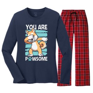 Funny Dog Puns Awesome Dog Funny Pawsome Dabbing Dog Cartoons Dog Women's Long Sleeve Flannel Pajama Set 