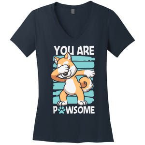 Funny Dog Puns Awesome Dog Funny Pawsome Dabbing Dog Cartoons Dog Women's V-Neck T-Shirt