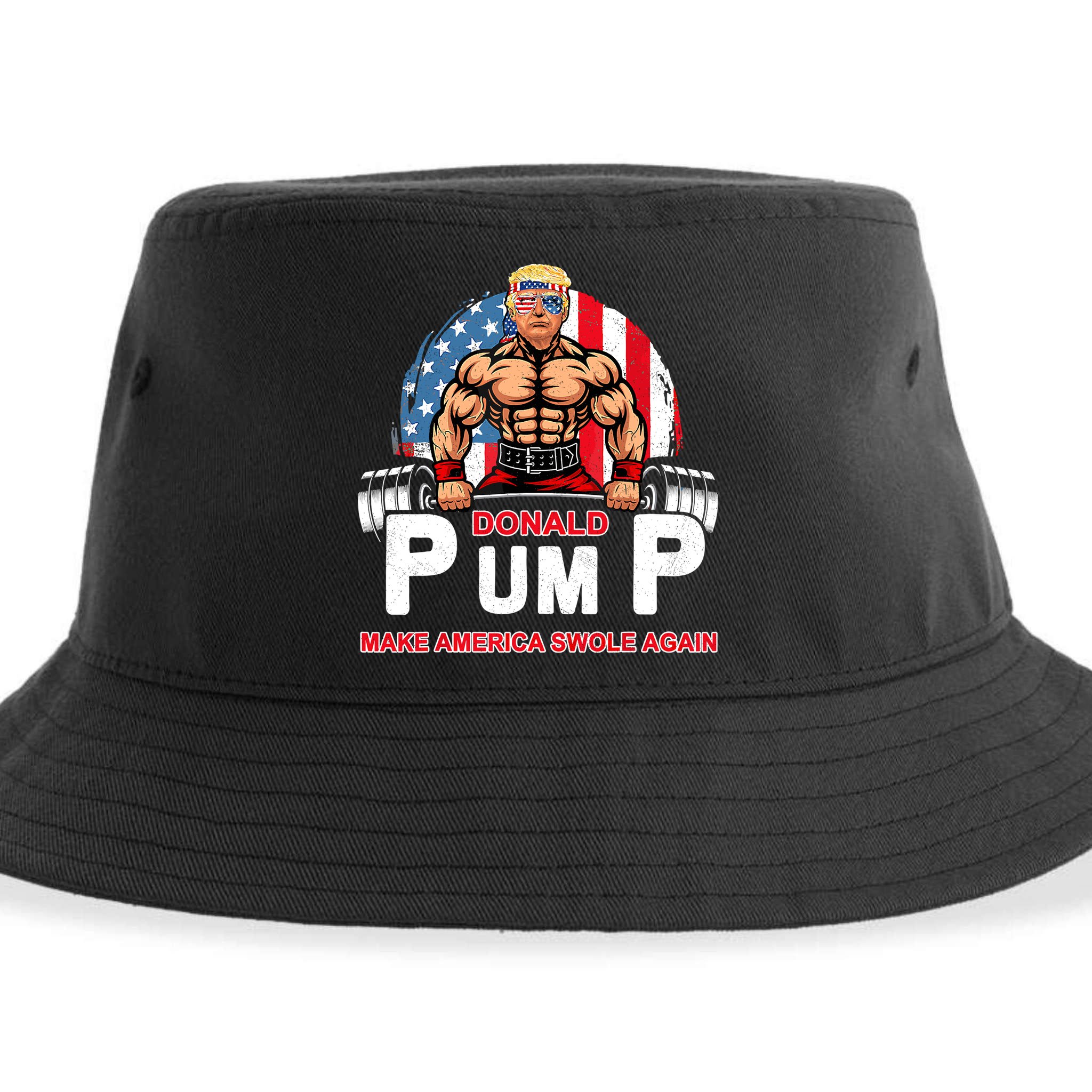 Funny Donald Pump Swole America Gym Fitness Trump 2024 Sustainable Bucket Hat