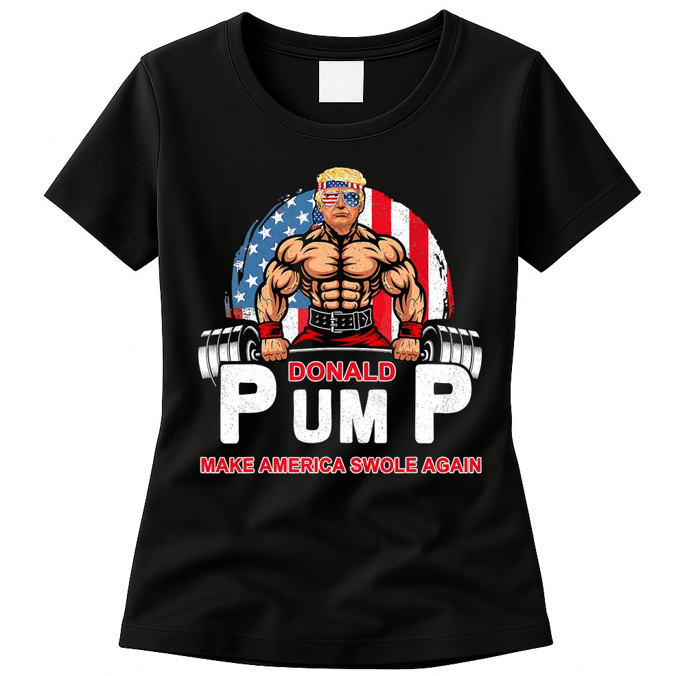 Funny Donald Pump Swole America Gym Fitness Trump 2024 Womens T-Shirt