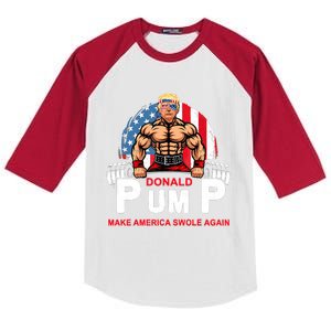 Funny Donald Pump Swole America Gym Fitness Trump 2024 Kids Colorblock Raglan Jersey