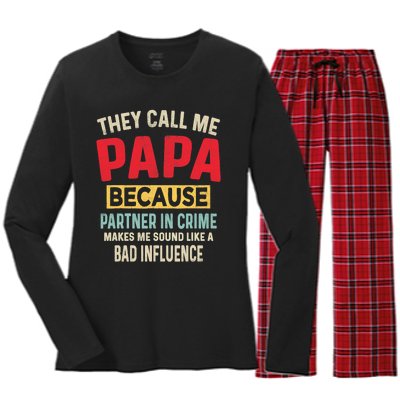 FatherS Day Papa Partner In Crime Funny Fathers Day Dad Women's Long Sleeve Flannel Pajama Set 