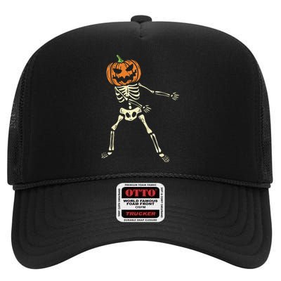 Floss Dance Pumpkin Halloween Flossing Skeleton High Crown Mesh Back Trucker Hat