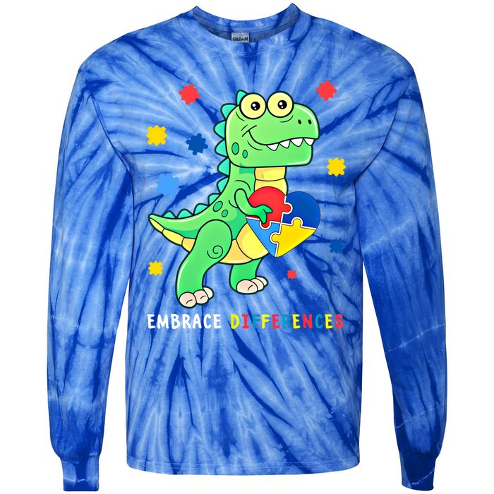 Funny Dinosaur Puzzle Piece Autism Awareness Cool Gift Tie-Dye Long Sleeve Shirt