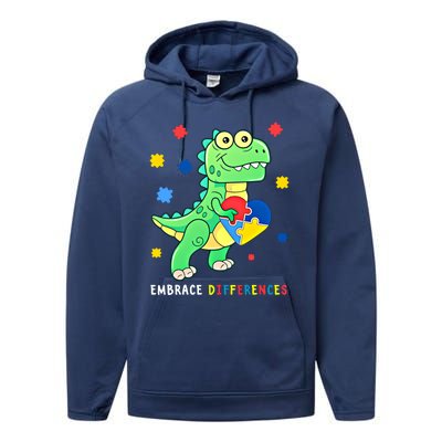 Funny Dinosaur Puzzle Piece Autism Awareness Cool Gift Performance Fleece Hoodie