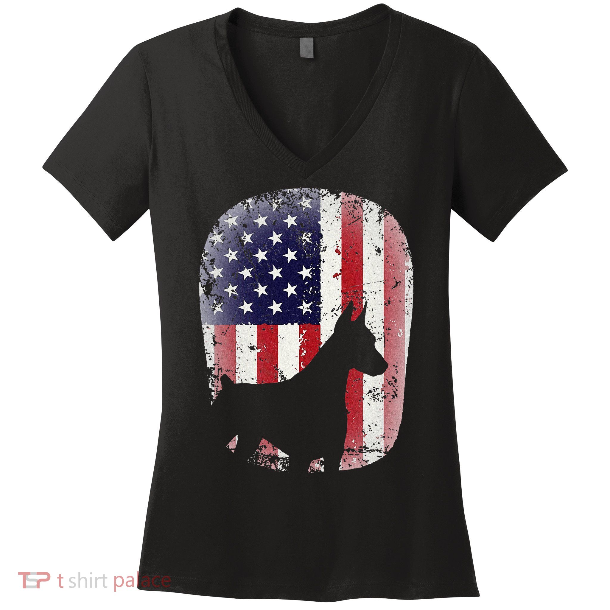 Funny Doberman Pinscher Art For  Doberman US Flag Women's V-Neck T-Shirt