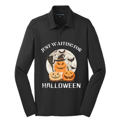 Funny Desgin Quote Just Waiting For Halloween Pumpkins Silk Touch Performance Long Sleeve Polo