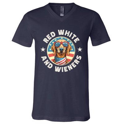 Funny Dachshund Red White And Wieners Weiner Dog 4th Of July V-Neck T-Shirt