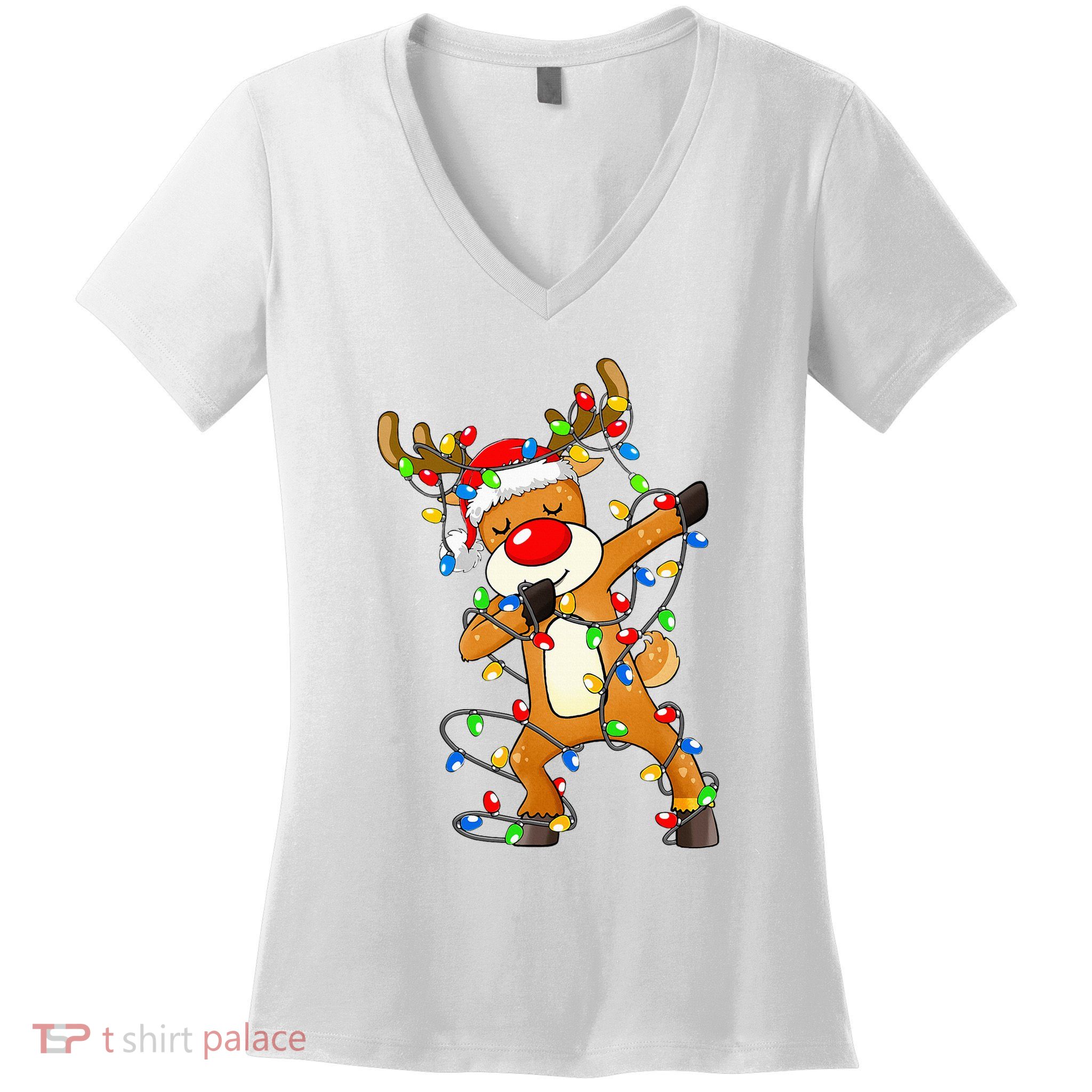 Festive Dabbing Reindeer Santa for Christmas Celebration Women's V-Neck T-Shirt